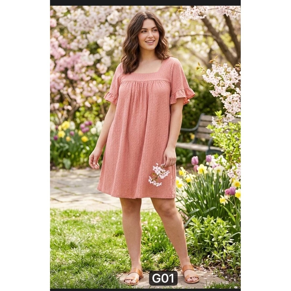 Lane Bryant Plus Size 26/28 Eyelet Lace‎ Maxi Dress Coral Pink Flutter Sleeve